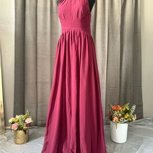 Burgundy Ruched Halter Wedding Gown Maid of Honor Dress